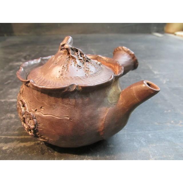 笹岡豊山造 万古焼亀鶴松竹梅細密彫刻横手式急須 茶注 煎茶器 陶芸