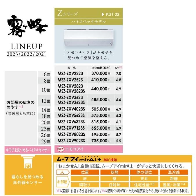 霧ヶ峰 【MSZ-ZXV4023S-W】三菱 みつびし 2023年モデル エアコン Z