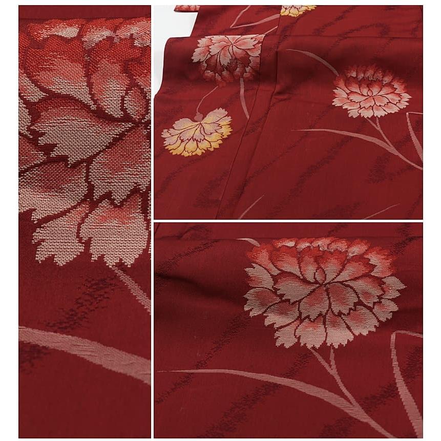 リサイクルお召し織物 銘仙 お召 お洒落 着物袷 赤 紅絹 丈147cm 裄