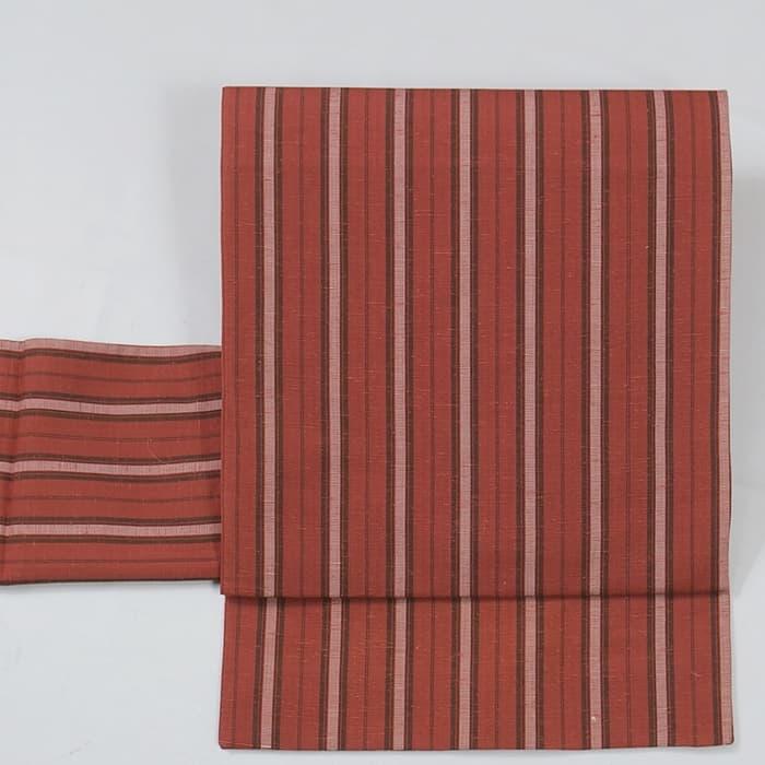 未着品 袋帯 リバーシブル 袋名古屋 全通柄 綿 赤 縞柄 中古着物