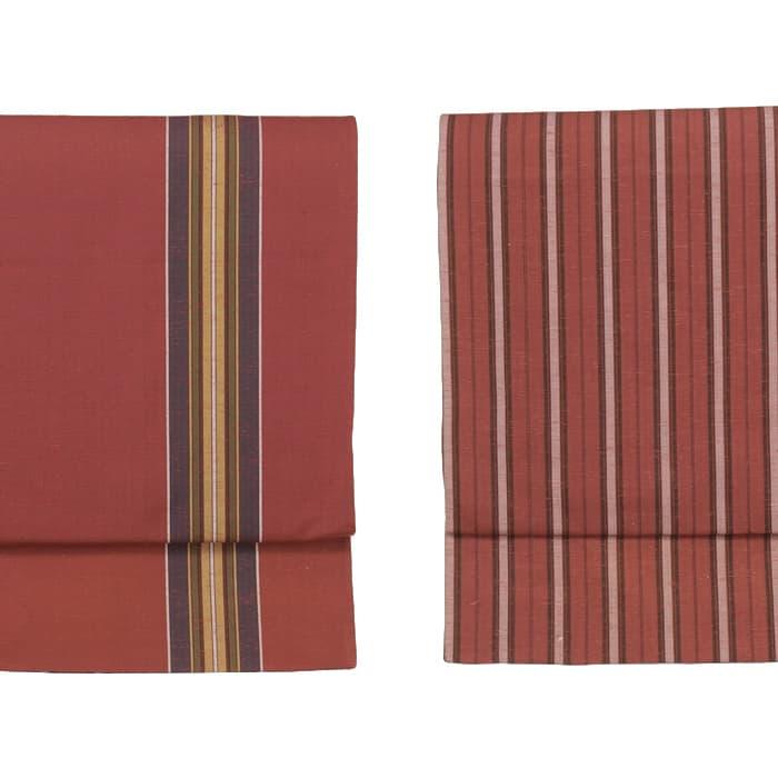 未着品 袋帯 リバーシブル 袋名古屋 全通柄 綿 赤 縞柄 中古着物