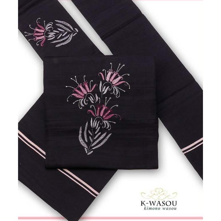 刺繍 名古屋帯」アンティーク 名古屋帯 刺繍柄 黒地昭和レトロ 名古屋