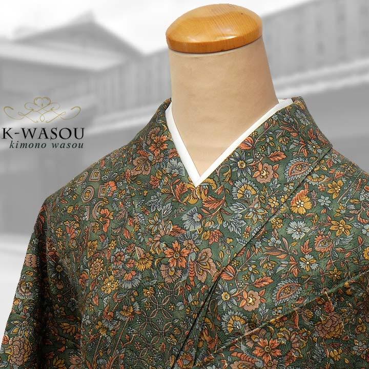 更紗染め小紋 中古着物」正絹着物 唐花文様 緑未使用品/小紋/着物