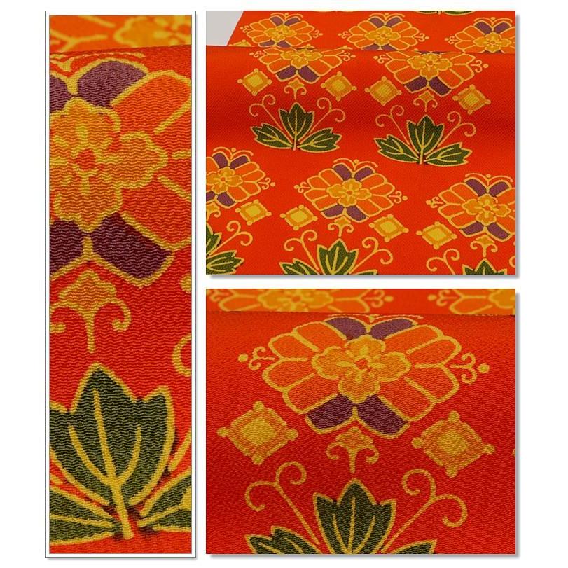 紅型 名古屋帯」紅型染名古屋帯 縮緬地 赤橙色 全通柄染め名古屋帯