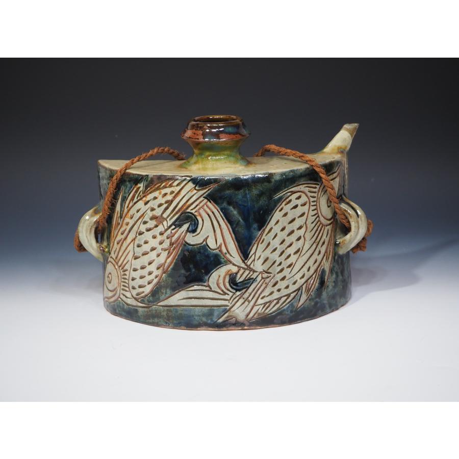 金城次郎 魚紋抱瓶【大作】 壺屋焼 ≪人間国宝≫ 共箱 縄紐 沖縄 未