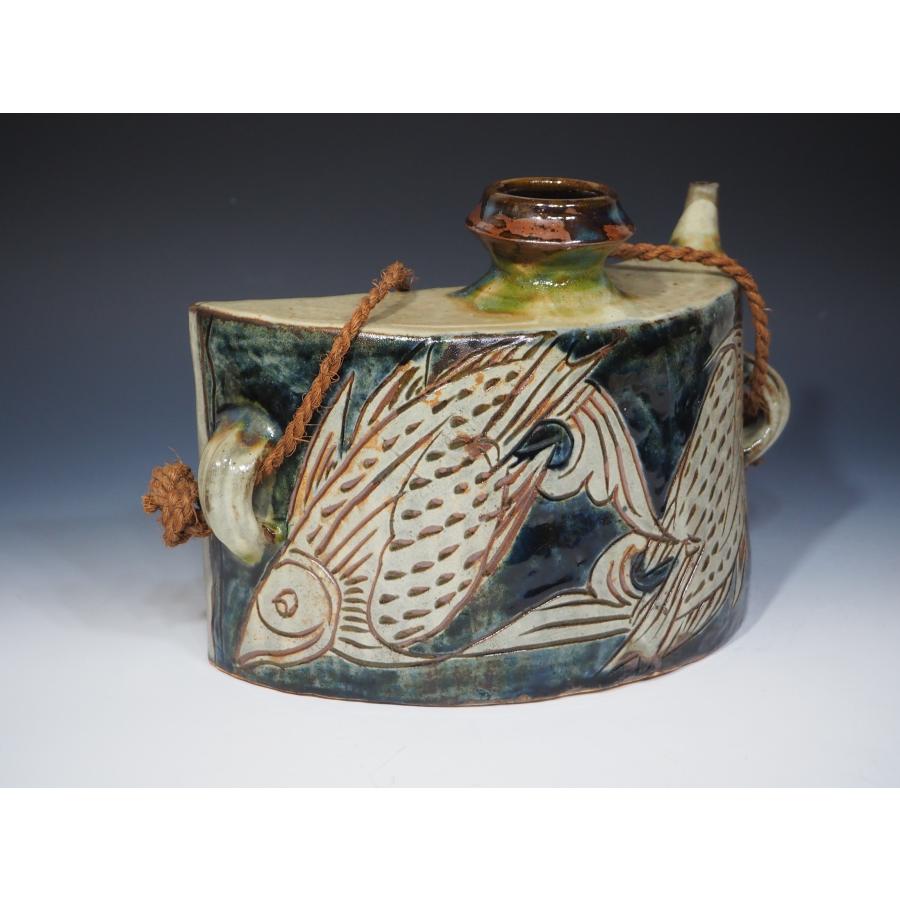 金城次郎 魚紋抱瓶【大作】 壺屋焼 ≪人間国宝≫ 共箱 縄紐 沖縄 未