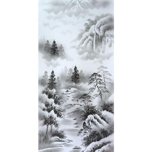 掛軸 水墨山水 松泉 (掛け軸 尺五立) 幅54cm×丈186cm前後 : 大瑠堂