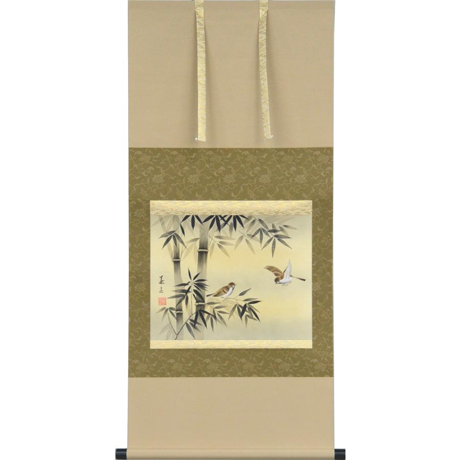 掛軸 竹に雀 金子華春画(掛け軸 F6小判横)長さ114.5cm×幅51.5cm : 大瑠