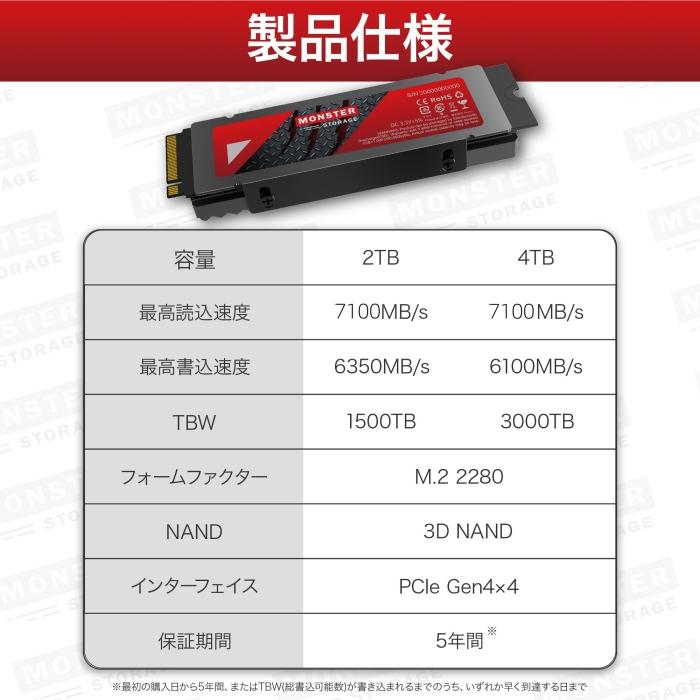 Monster Storage Monster Storage SSD 2TB NVMe PCIe Gen4×4 PS5確認