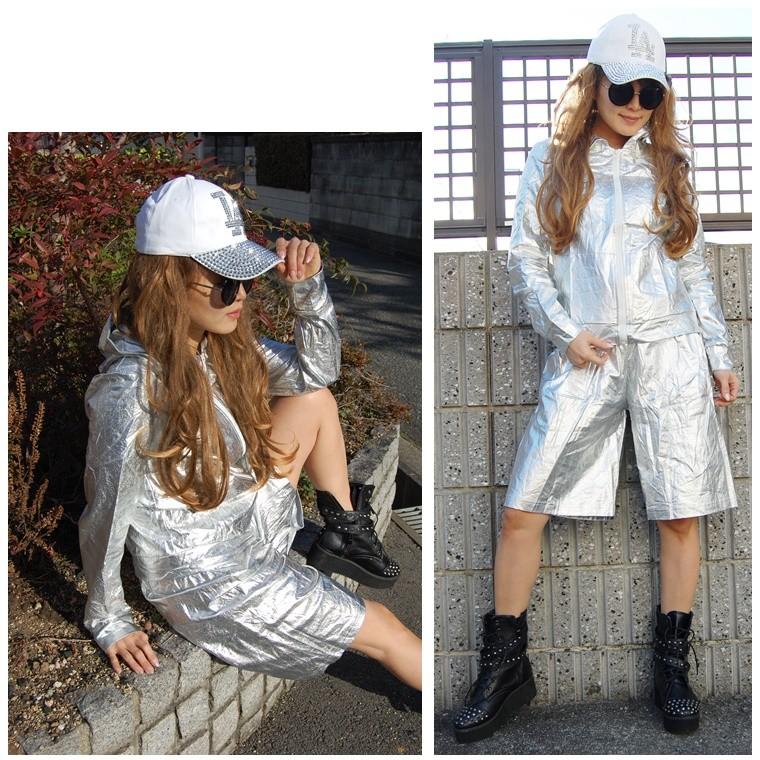 シャカシャカメタリックフード付きジップアップパーカー2色/ジャケット