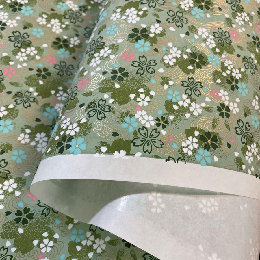華やかな友禅和紙 風にそよぐ優しい桜 草色 緑 桃色 ピンク 藤色