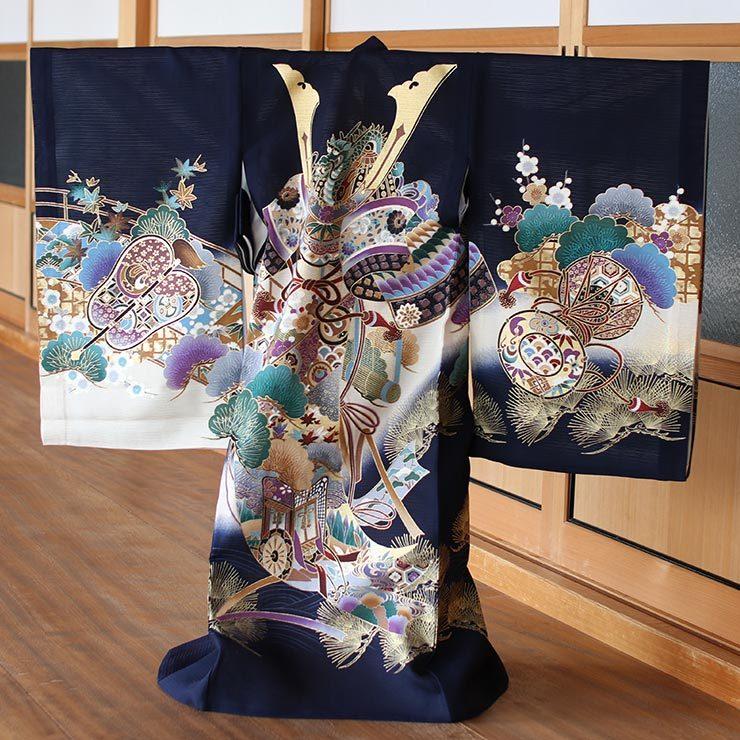 夏用 絽 ] お宮参り 男の子 初着 産着 兜に御所車 紺色 正絹 一つ身 龍