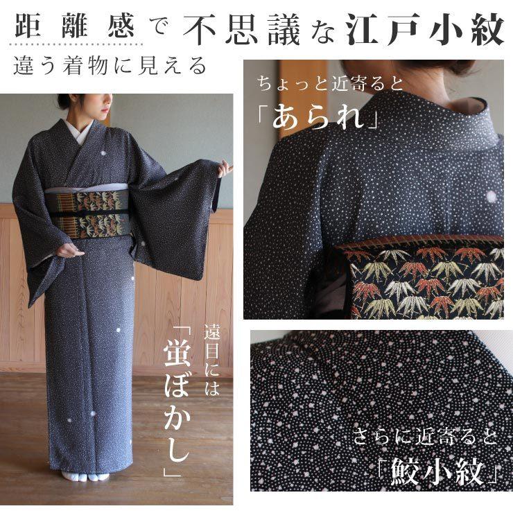 洗える着物 江戸小紋 袷 新作 街着屋 創作 鮫小紋 霰 蛍ぼかし 黒 M L