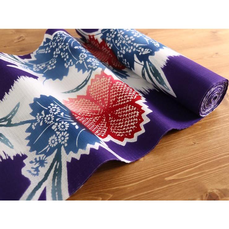 三勝」清水敬三郎好み・東京本染め/注染] 浴衣 反物 縞に撫子（紫×白