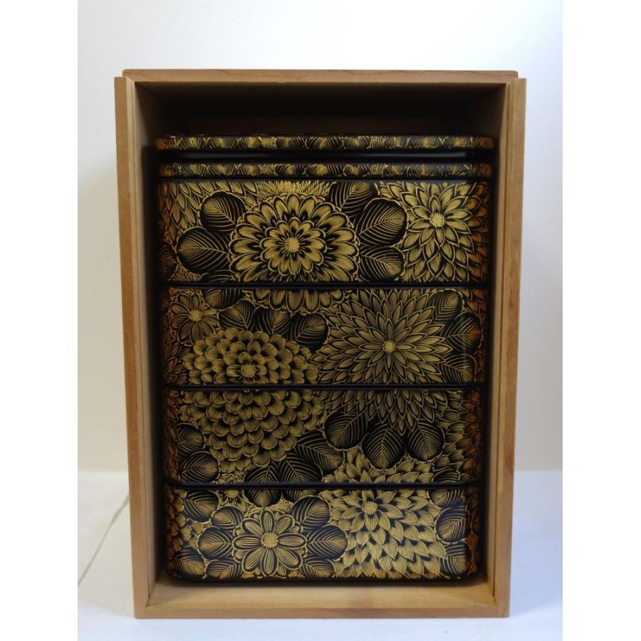 輪島塗 沈金菊文様 四段重箱 未使用 金ぴか 布着せ 本堅地 正月 祝膳