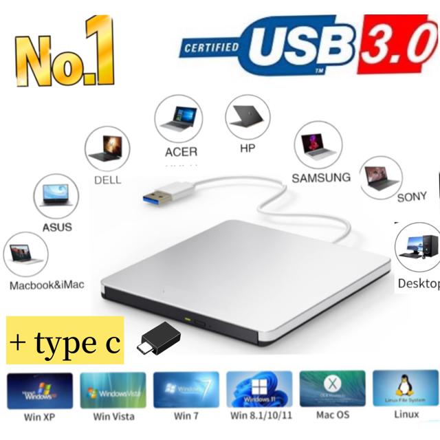 外付けCD DVDドライブNO.1 USB 3.0+Type-CポータブルCD/DVDドライブCD