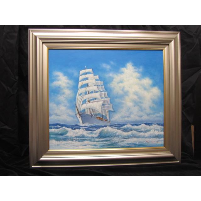絵画 油絵 中垣 龍一 帆船 初代日本丸 額付き F10 送料無料 (正面