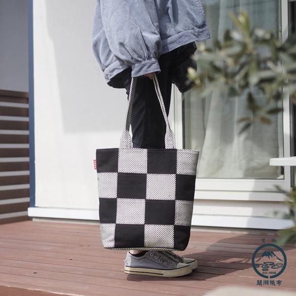 刺し子 パッチワーク トートバッグ 市松柄 ツートン 縦長 A4サイズ