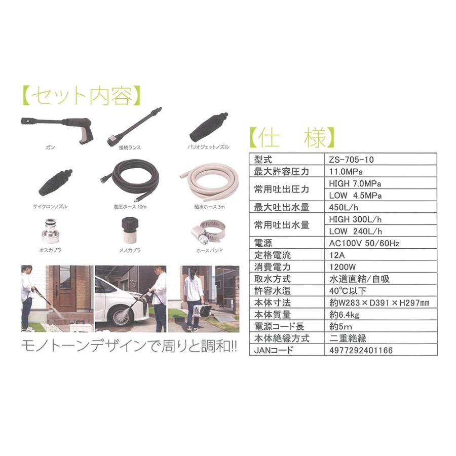 高圧洗浄機 家庭用 洗車 掃除 ZS-705-10 機静音タイプ Vittorio ヴィッ