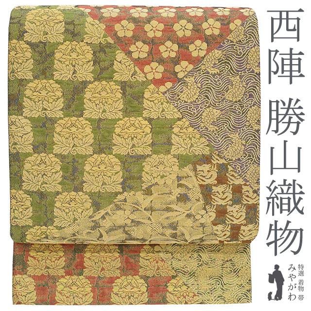袋帯 京都 西陣 勝山織物 正絹 金糸 切りばめ風 笹蔓 花兎 梅 名物裂