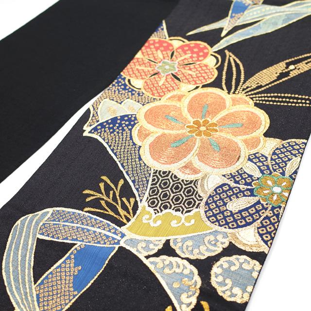 すごい値！袋帯 正絹 京都 西陣 上質 金糸 黒地 梅 笹 絹芯仕立て