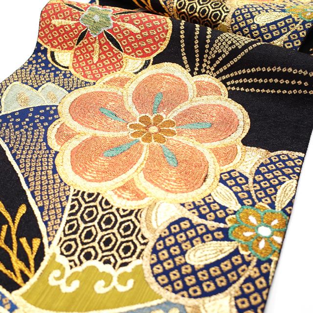 すごい値！袋帯 正絹 京都 西陣 上質 金糸 黒地 梅 笹 絹芯仕立て