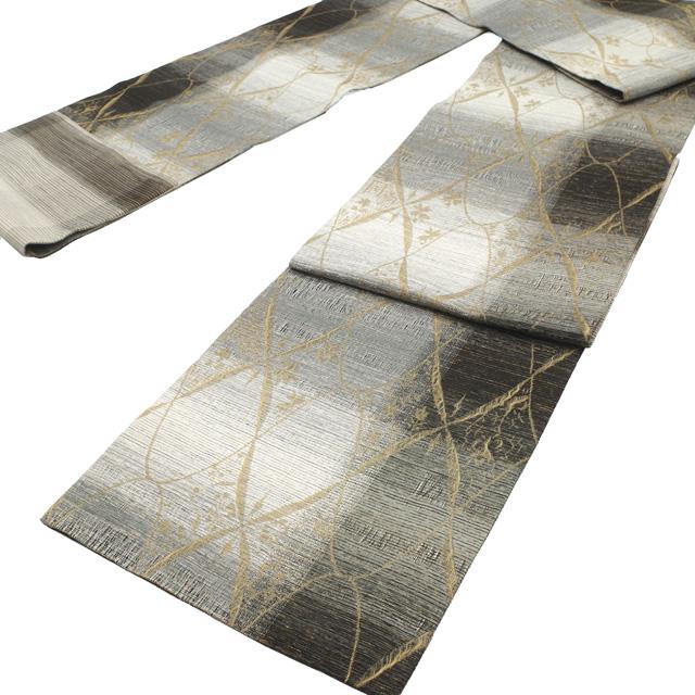 すごい値！ 袋帯 リサイクル 正絹 全通 京都 西陣 黒 白 グレー 市松