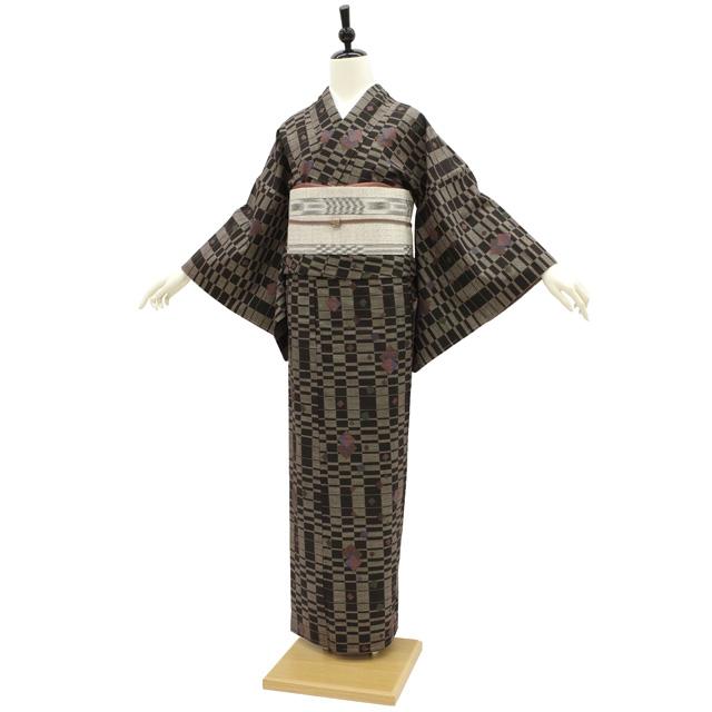 本場奄美大島紬 袷 着物 正絹 泥染 7マルキ 一元式 変わり市松 モダン