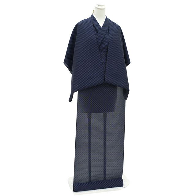 御召 紋紗 着物 着尺 反物 西陣 正絹 お召 先染め 川端 黒 青 市松 夏