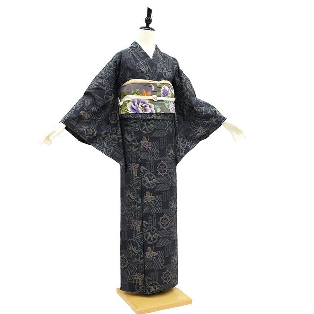 本場大島紬 袷 着物 織絣 横双 手織り 正絹 黒 花 笹 色紙文様