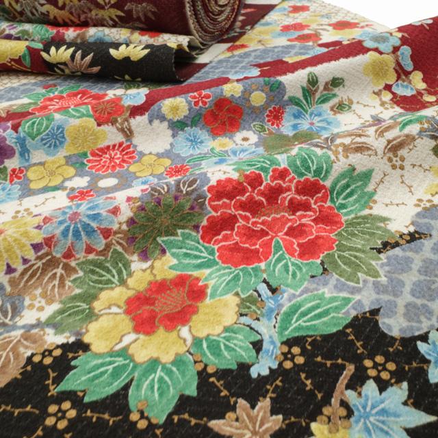 小紋 反物 着物 着尺 未使用 正絹 縮緬 手染め 型染 濃紅 黒 白 四季の