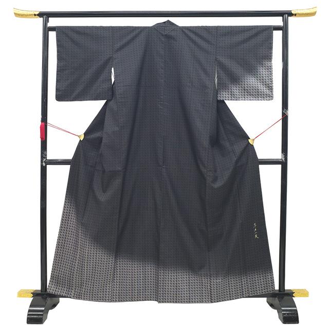 本場大島紬 訪問着 着物 未使用 正絹 染大島 墨黒 縞 市松 カジュアル