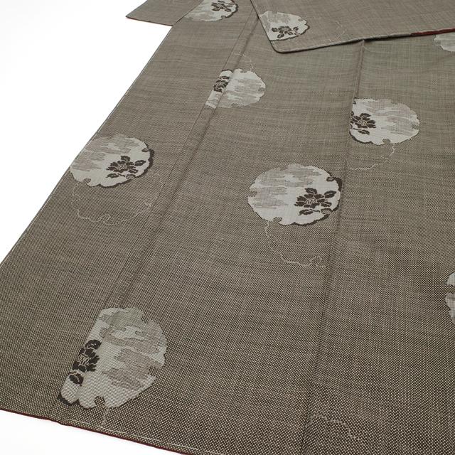 本場大島紬 袷 着物 正絹 7マルキ 一元式 黒こげ茶 雪輪 花