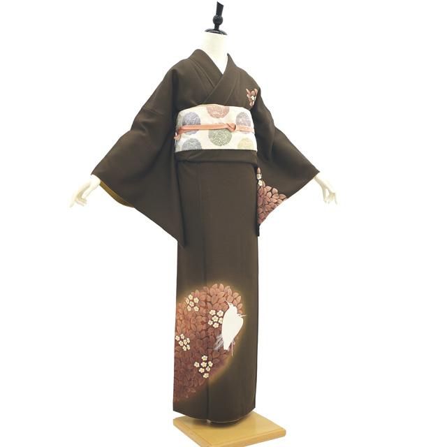 訪問着 着物 リサイクル 正絹 菅有鬼一 東京友禅作家 落款 こげ茶色