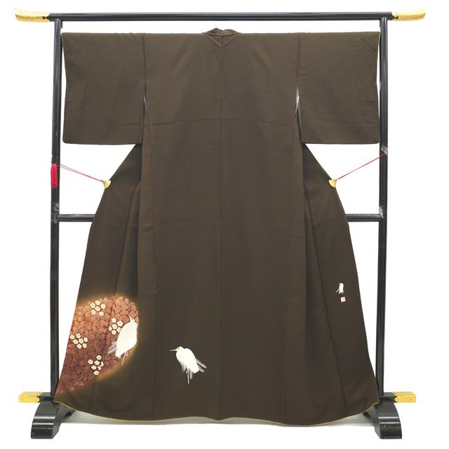 訪問着 着物 リサイクル 正絹 菅有鬼一 東京友禅作家 落款 こげ茶色