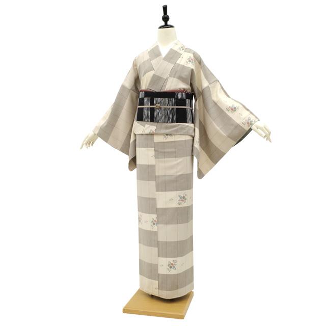 紬 着物 未使用 正絹 袷 十日町 白磁 庭野真平 作 白 グレー 格子 椿