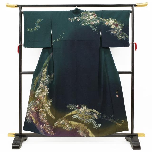 訪問着 着物 フォーマル 正絹 袷 吉野一廉 深緑 ぼかし 辻が花 絞り