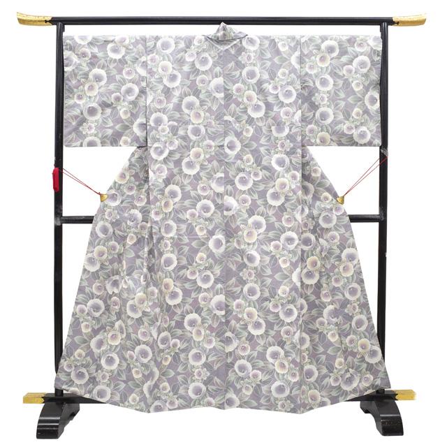 本場大島紬 着物 リサイクル 白大島 大島紬 色大島 正絹 紫 椿 花 中古