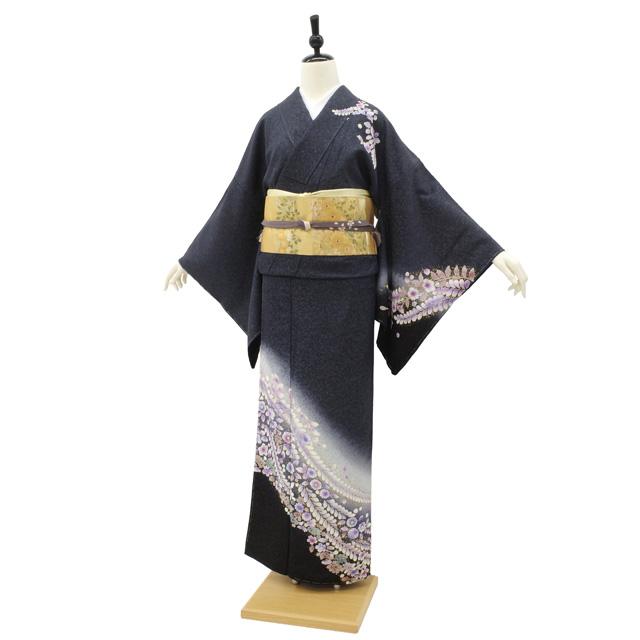 訪問着 着物 未使用 フォーマル 正絹 袷 辻が花 絞り 濃グレー 金彩