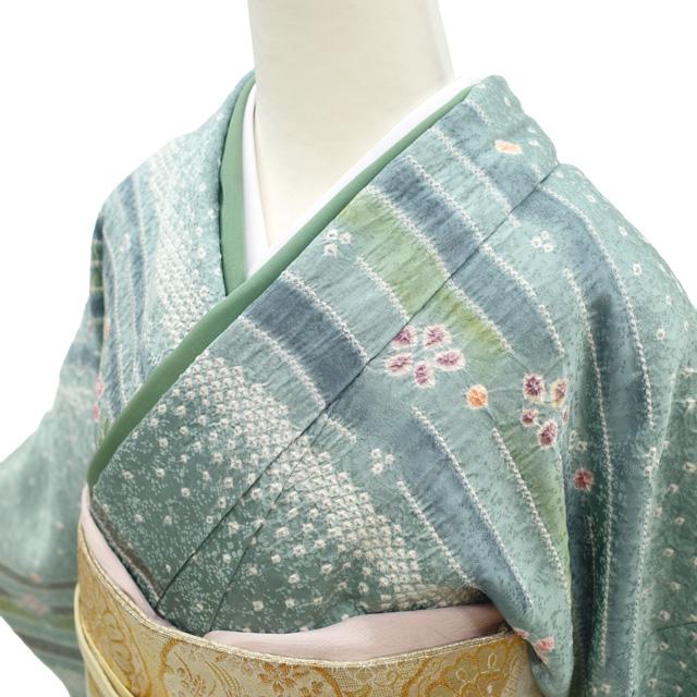 訪問着 着物 リサイクル フォーマル 総絞り 総柄 絞り 青磁色 青緑 花