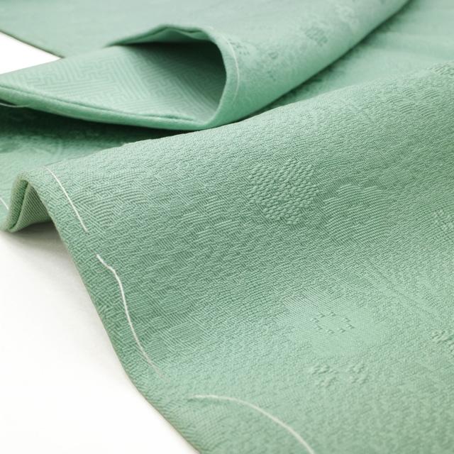 色無地 着物 未使用 正絹 袷 薄緑 地紋 花 一つ紋 セミフォーマル 新古