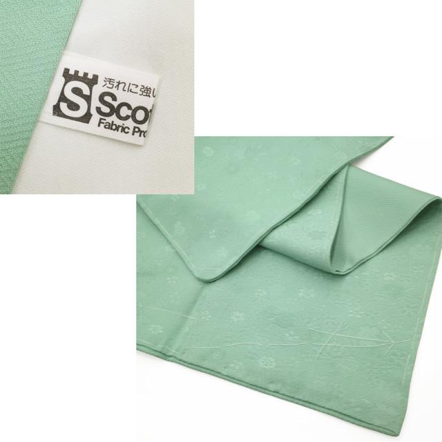 色無地 着物 未使用 正絹 袷 薄緑 地紋 花 一つ紋 セミフォーマル 新古