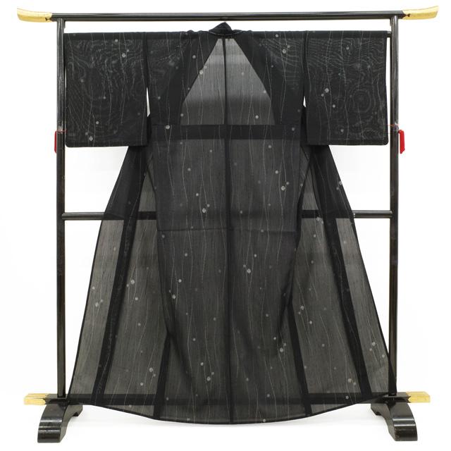 夏物 単衣 着物 未使用 紗紬 正絹 十日町 粋紗絣 黒地 ゆらぎ縞 水玉