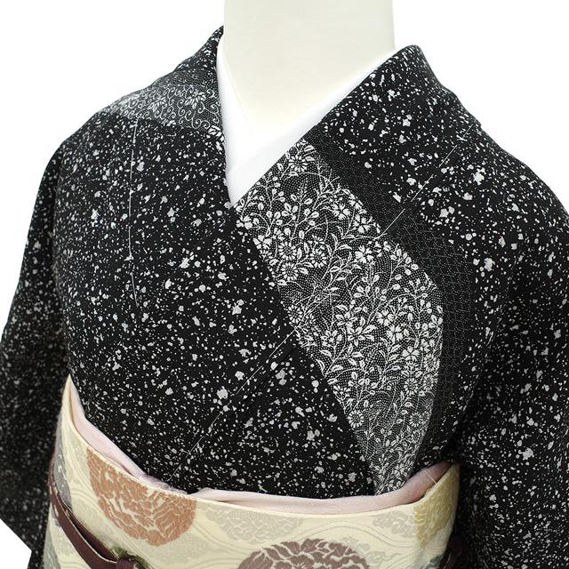 手染め 訪問着 着物 正絹 袷 たたき染め 黒 寄せ柄 春 秋 冬 未使用