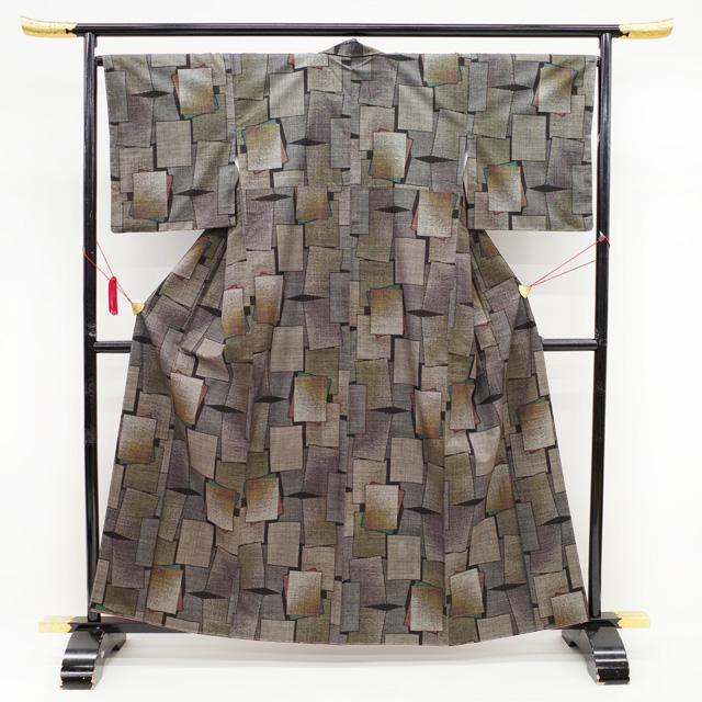 本場奄美大島紬 袷 着物 泥染 7マルキ 一元式 こげ茶色 色紙文