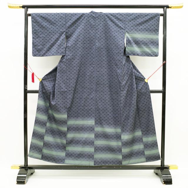 紬 袷 着物 訪問着 十日町 花織 正絹 濃グレー 淡グリーン 横段