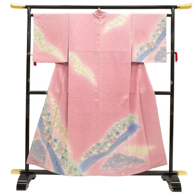 訪問着 袷 着物 薄ピンク 金通し 金駒刺繍 桜 楓 丹後ちりめん