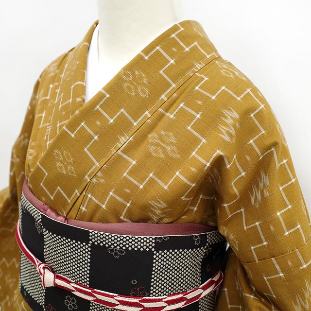 本場琉球かすり 紬 袷 着物 沖縄県 手織り 山吹茶色 琉球絣 カジュアル