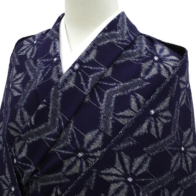 本場久留米絣 着物 着尺 反物 木綿 綿紬 手織り 藍染 濃藍地 ネイビー