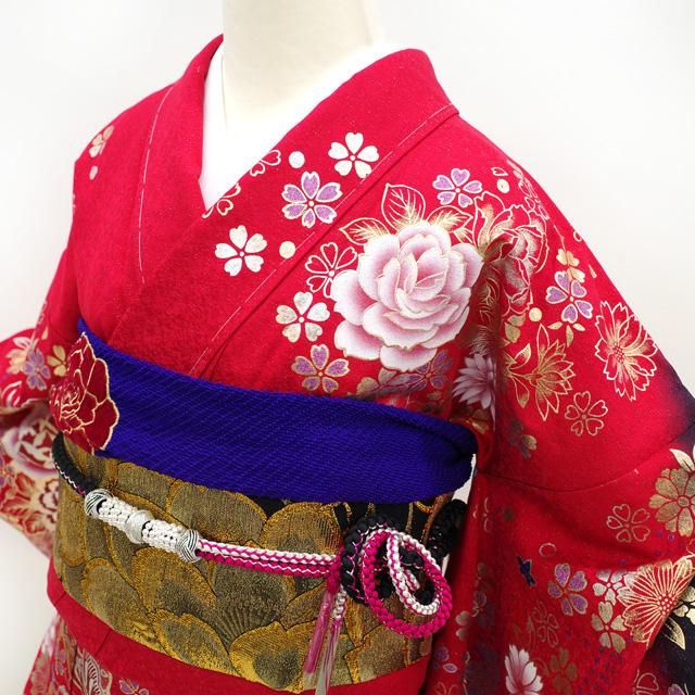 振袖 着物 長襦袢 2点 セット 金彩加工 赤 バラ 薔薇 牡丹 蝶 成人式